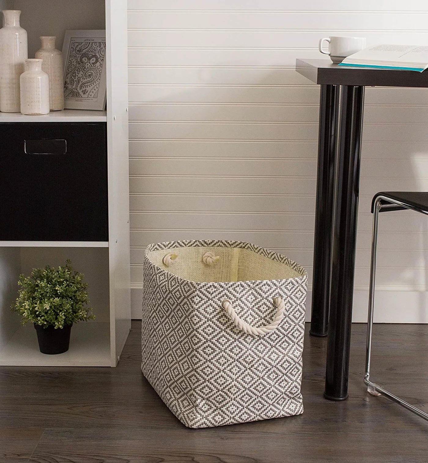 Paper Bin Diamond Basketweave Stone/Black Rectangle Medium 15X10X12