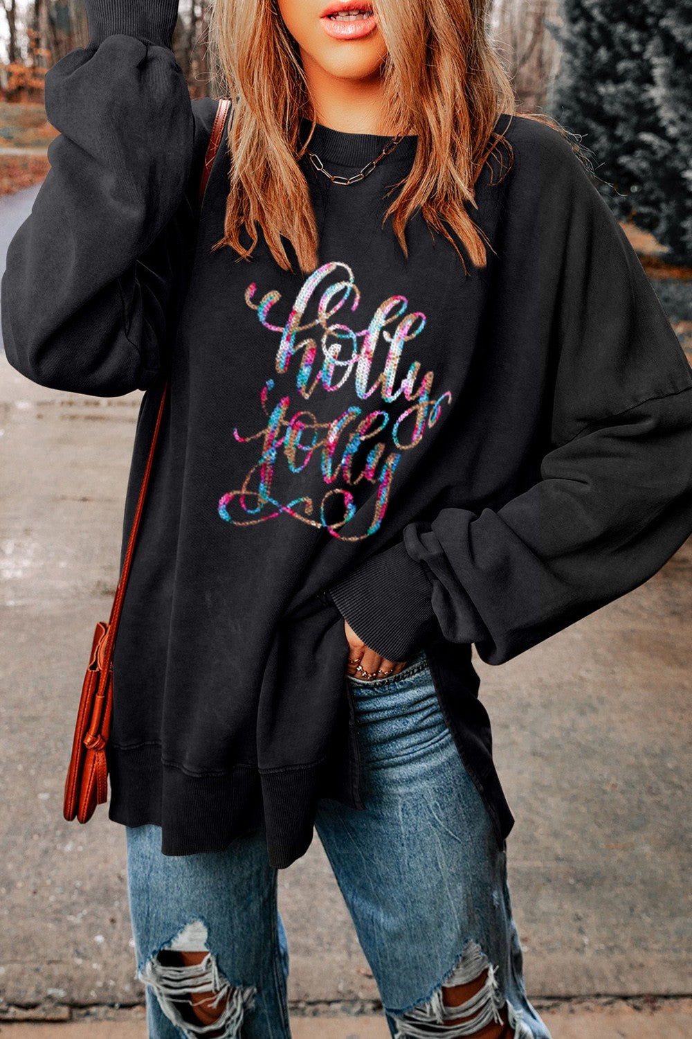HOLLY JOLLY Sequin Round Neck Long Sleeve Slit Sweatshirt