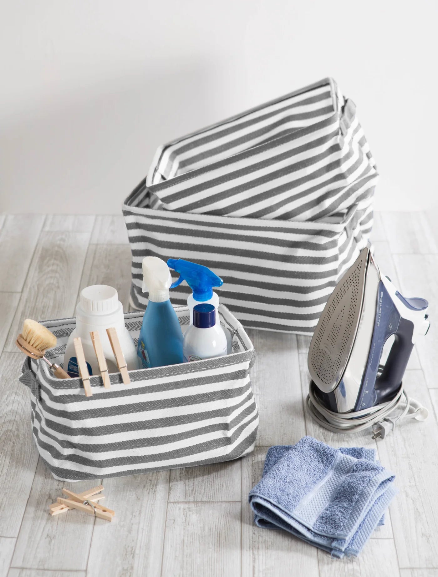 Pe Coated Herringbone Woven Cotton Laundry Bin Stripe Gray Rectangle Medium 14X9X8 Set/2