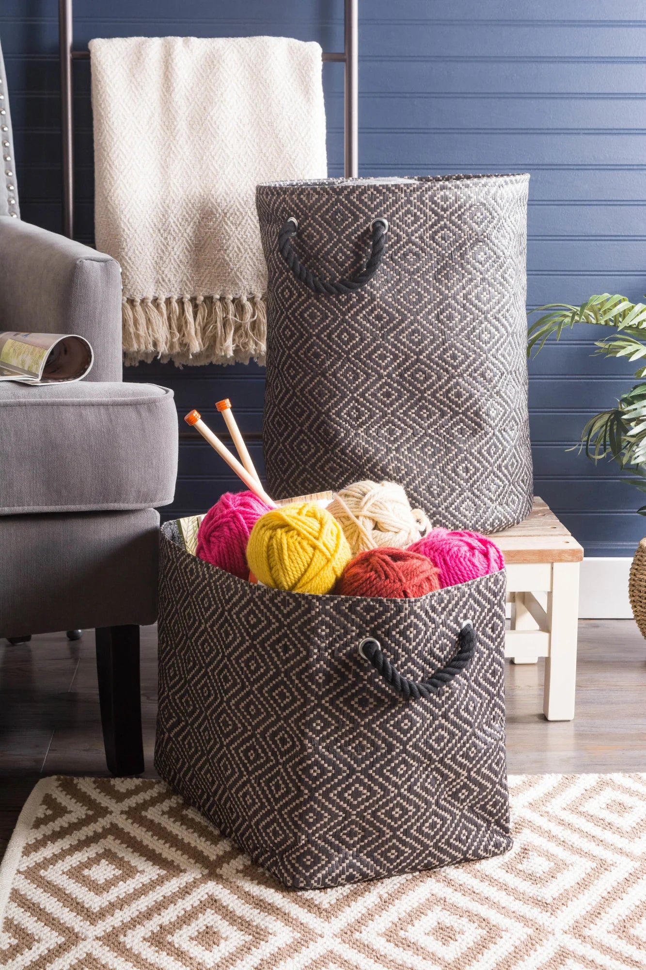 Paper Bin Diamond Basketweave Stone/Black Rectangle Medium 15X10X12