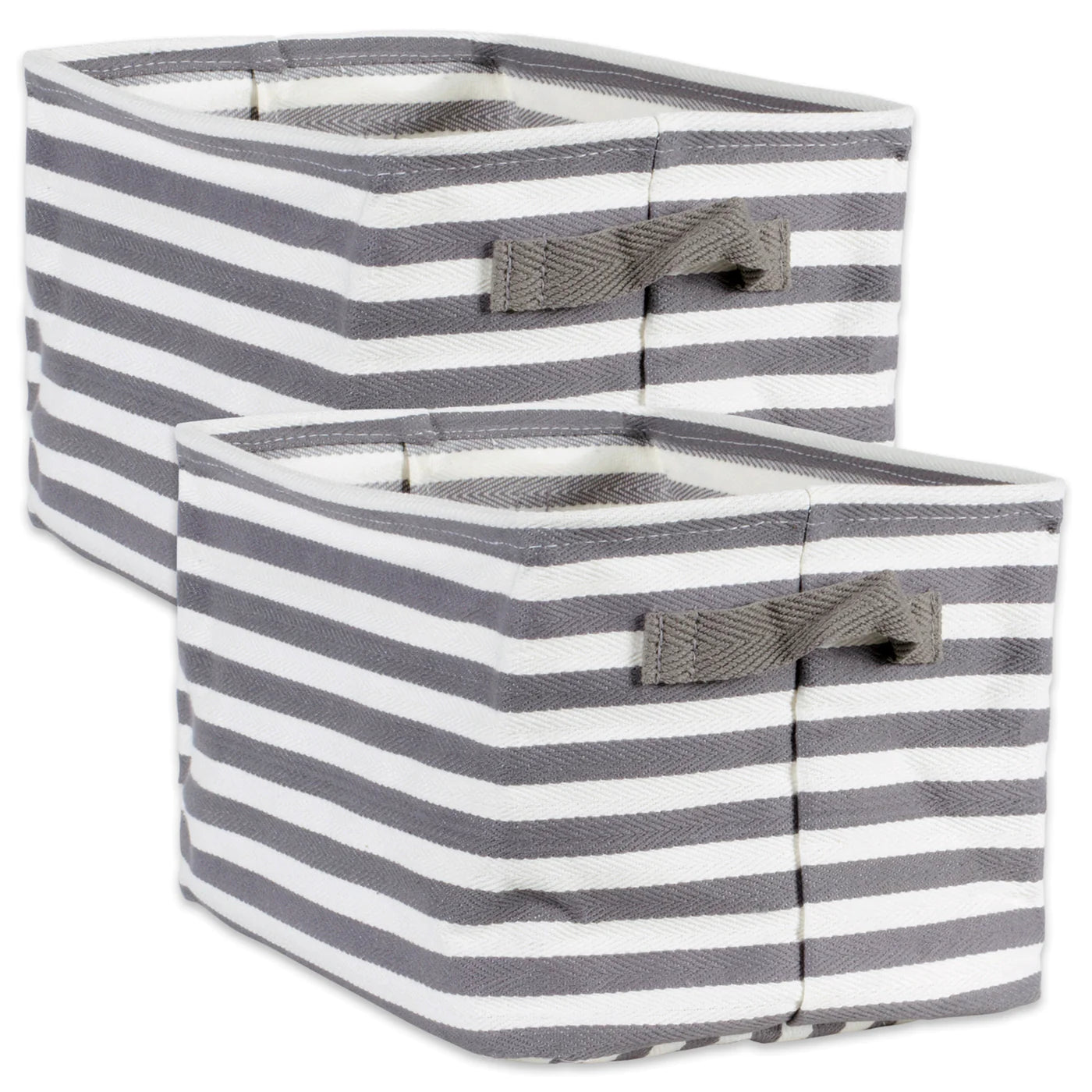 Pe Coated Herringbone Woven Cotton Laundry Bin Stripe Gray Rectangle Medium 14X9X8 Set/2