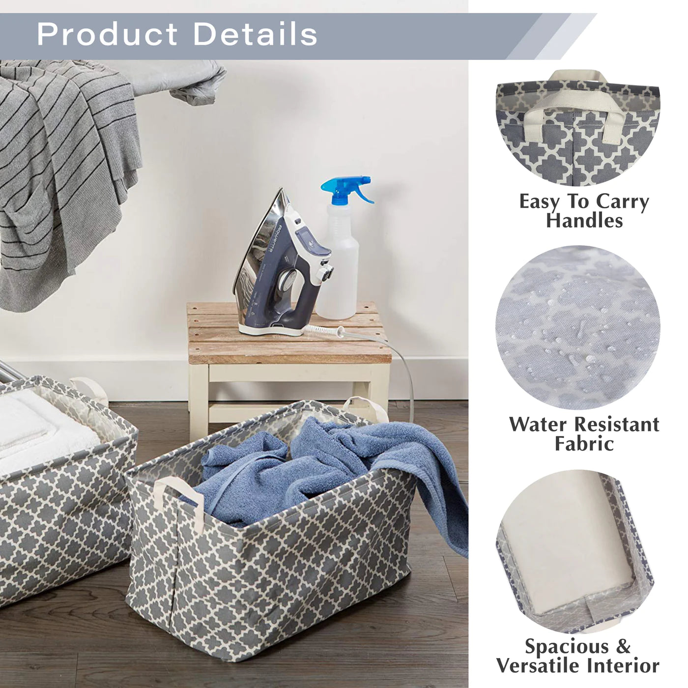 Pe Coated Cotton/Poly Laundry Bin Stripe Gray Rectangle Asst Small Set/3
