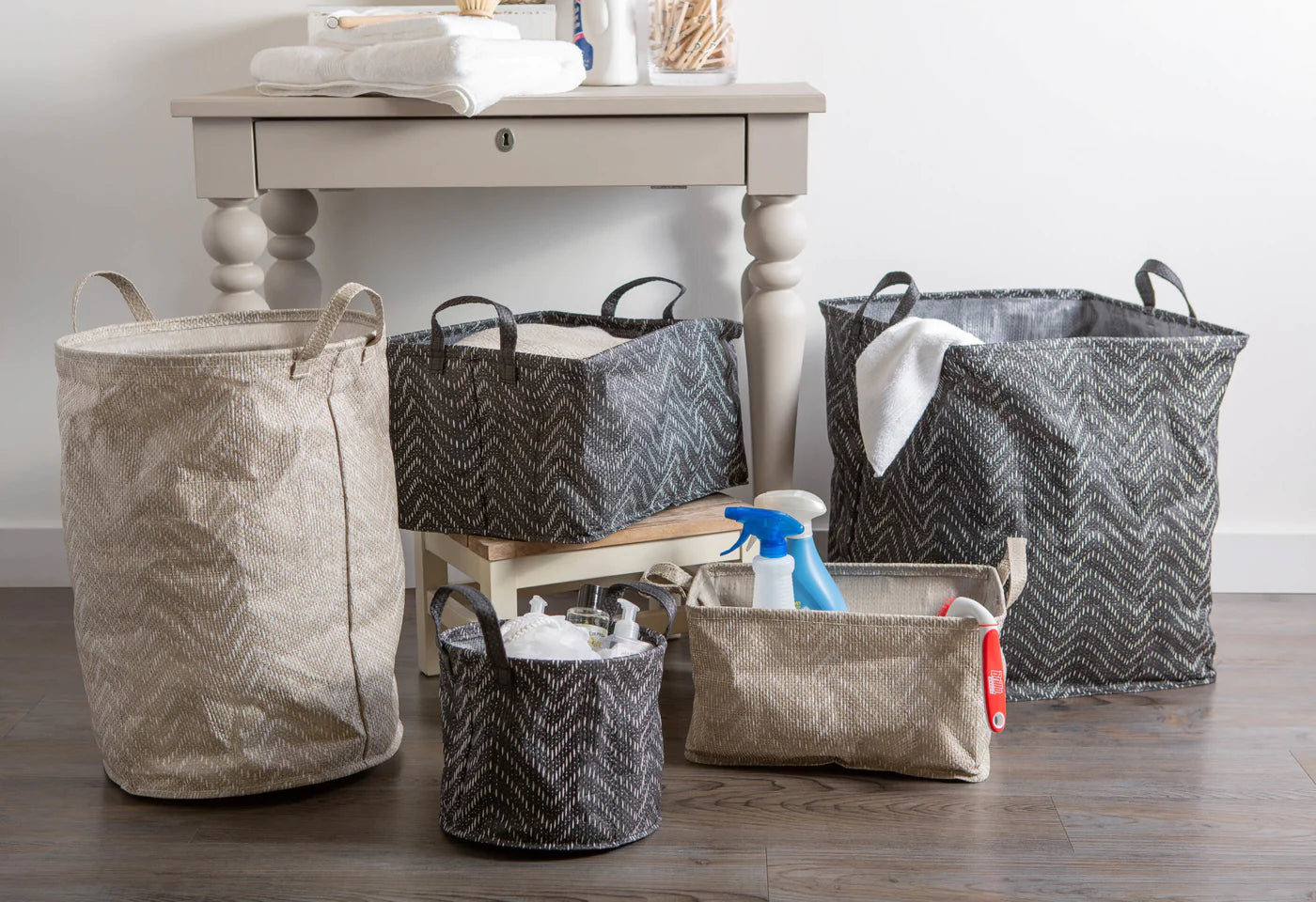 Pe Coated Woven Paper Laundry Hamper Tribal Chevron Stone/Cream Round 13.75X13.75X20