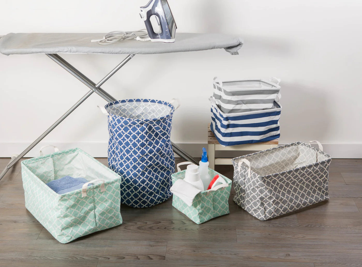 Pe Coated Cotton/Poly Laundry Bin Lattice Nautical Blue Rectangle Asst Small Set/3