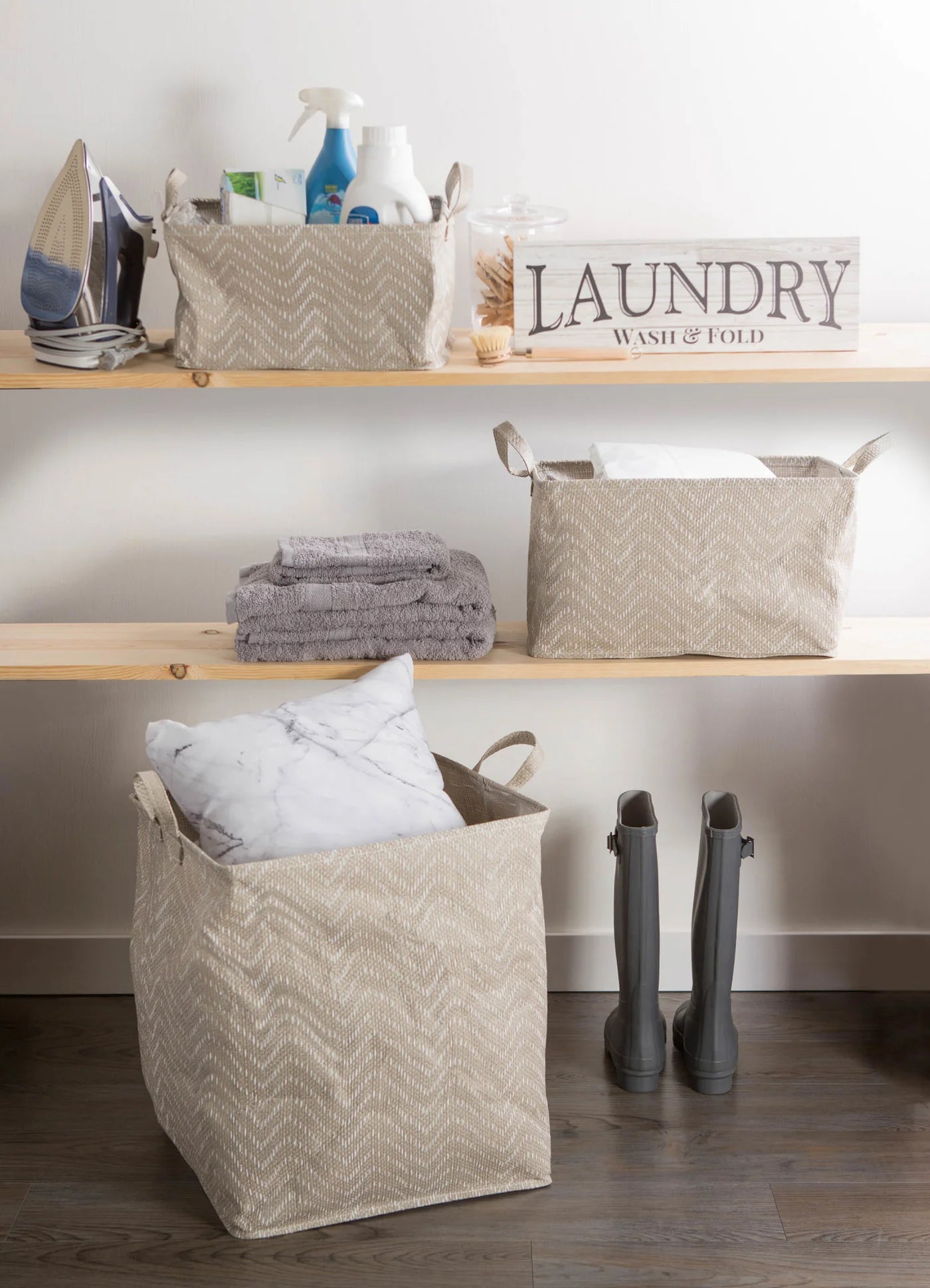 Pe Coated Woven Paper Laundry Bin Tribal Chevron Stone/Cream Rectangle Large 16X12.5X9.5 Set/2