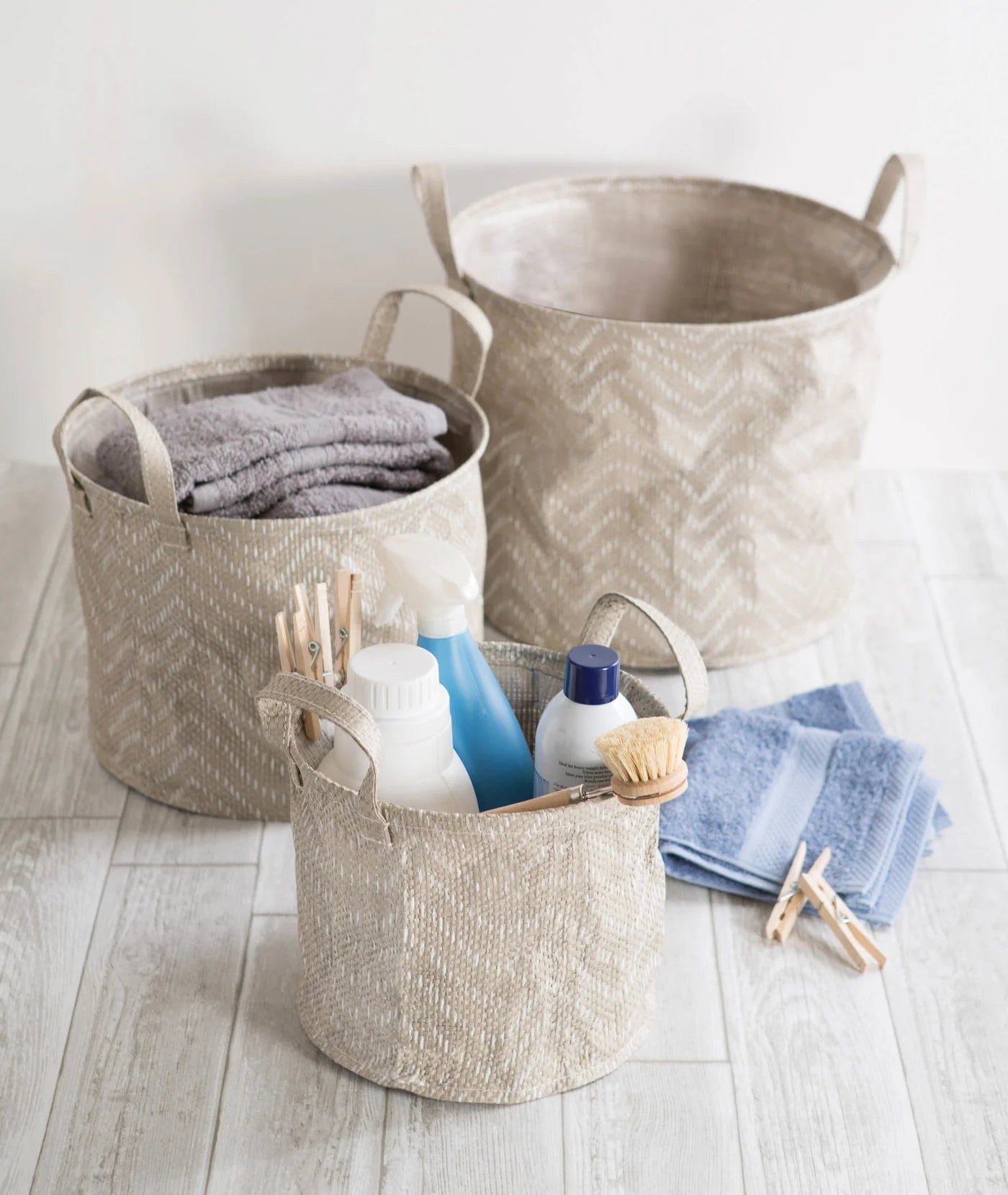 Pe Coated Woven Paper Laundry Hamper Tribal Chevron Stone/Cream Round 13.75X13.75X20