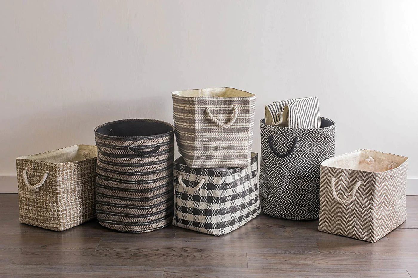 Paper Bin Diamond Basketweave Stone/Black Rectangle Medium 15X10X12
