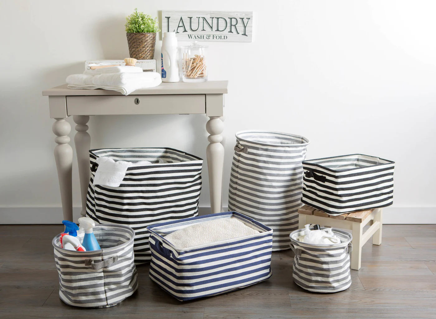 Pe Coated Herringbone Woven Cotton Laundry Bin Stripe Gray Rectangle Medium 14X9X8 Set/2