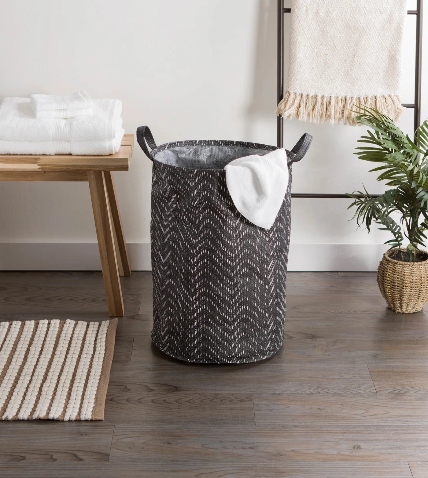 Pe Coated Woven Paper Laundry Hamper Tribal Chevron Black/White Round 13.75X13.75X20