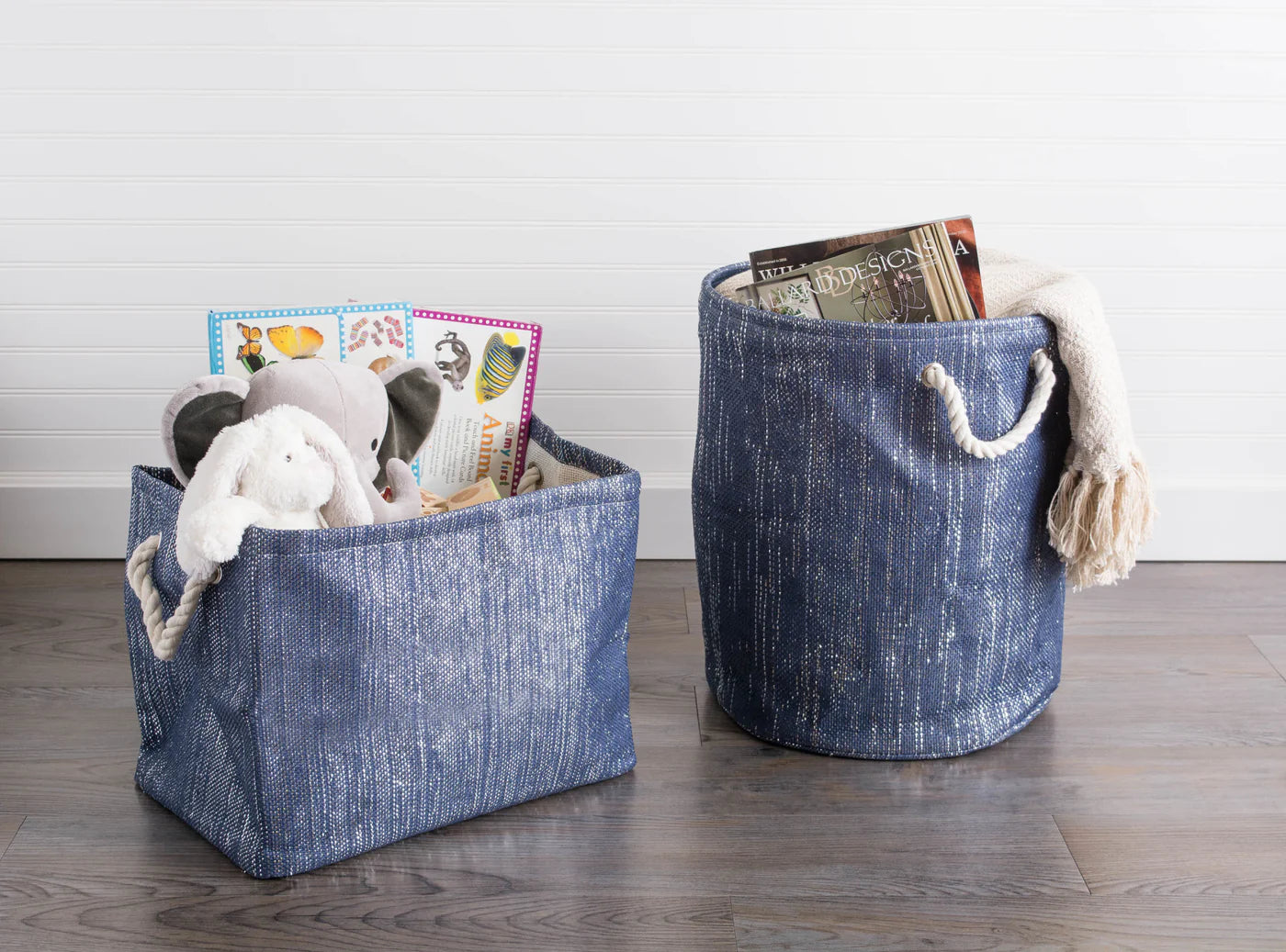 Paper Bin Lurex Nautical Blue/Silver Rectangle Large 17X12X12