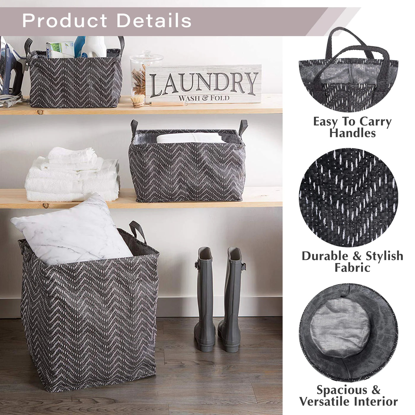 Pe Coated Woven Paper Laundry Bin Tribal Chevron Stone/Cream Rectangle Large 16X12.5X9.5 Set/2
