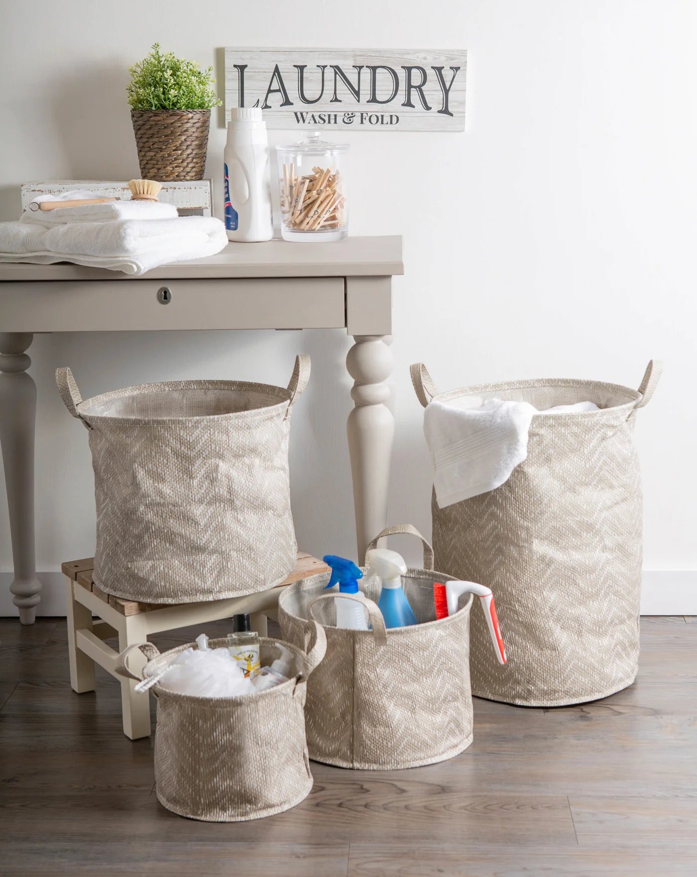Pe Coated Woven Paper Laundry Hamper Tribal Chevron Stone/Cream Round 13.75X13.75X20