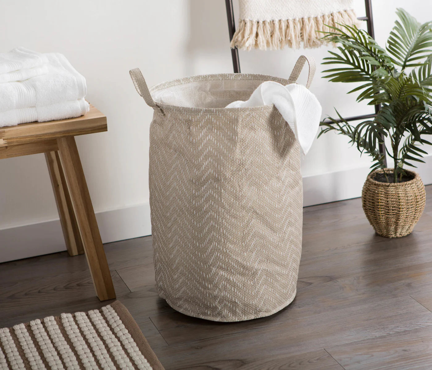 Pe Coated Woven Paper Laundry Hamper Tribal Chevron Stone/Cream Round 13.75X13.75X20