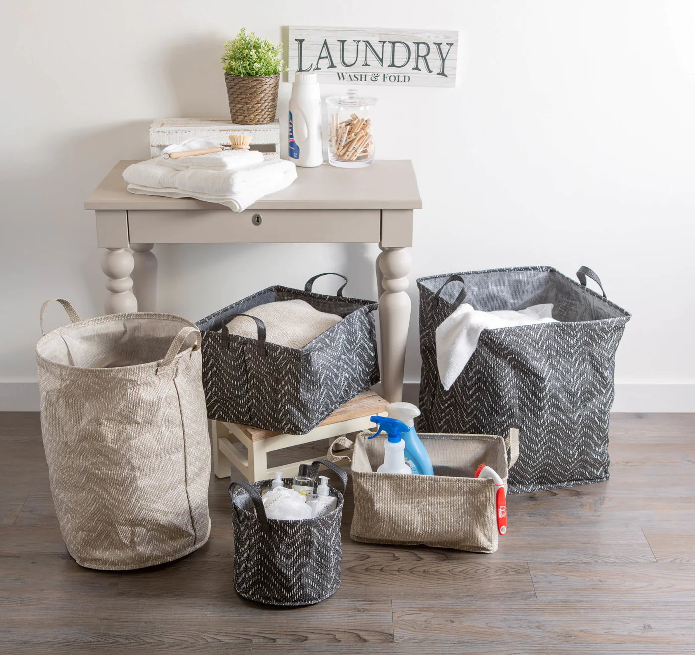 Pe Coated Woven Paper Laundry Bin Tribal Chevron Stone/Cream Rectangle Large 16X12.5X9.5 Set/2