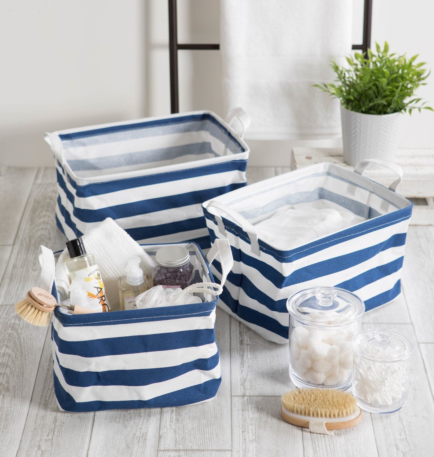 Pe Coated Cotton/Poly Laundry Bin Stripe Nautical Blue Rectangle Extra Small 8X9.5X7 Set/2