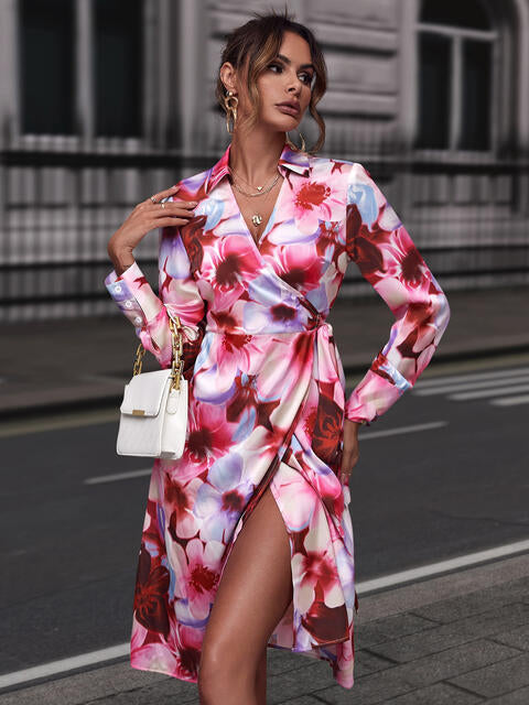 Floral Print Collared Neck Slit Dress