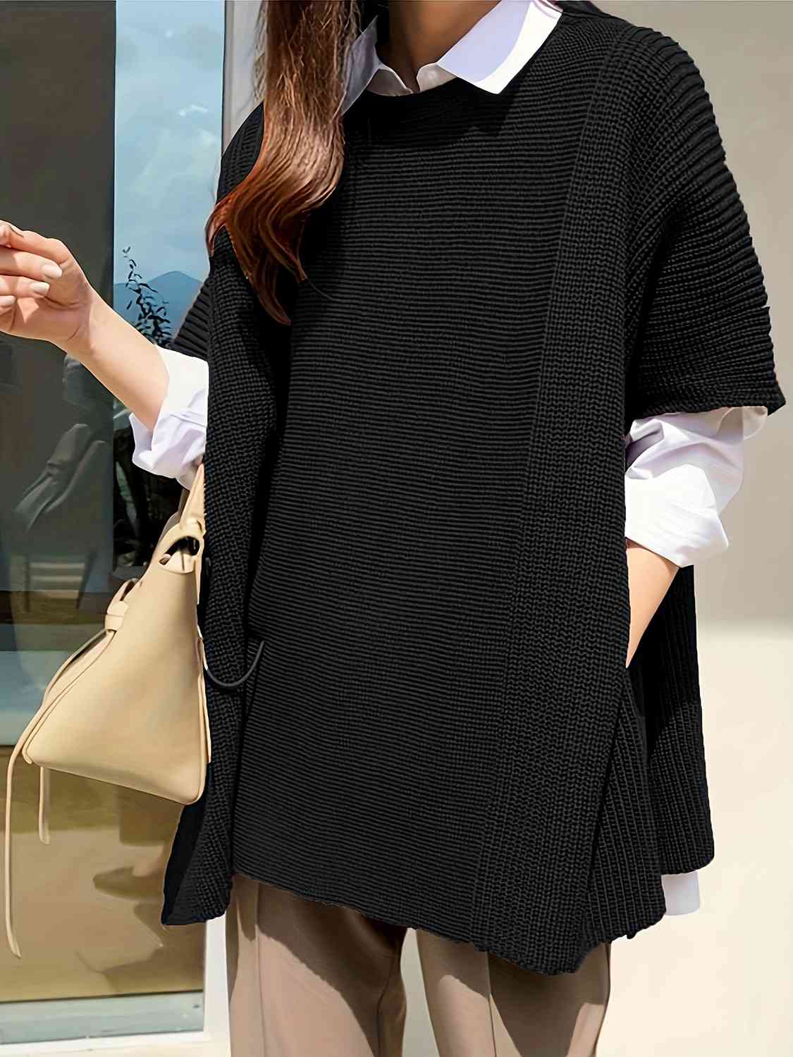 Plus Size Round Neck Slit Short Sleeve Sweater