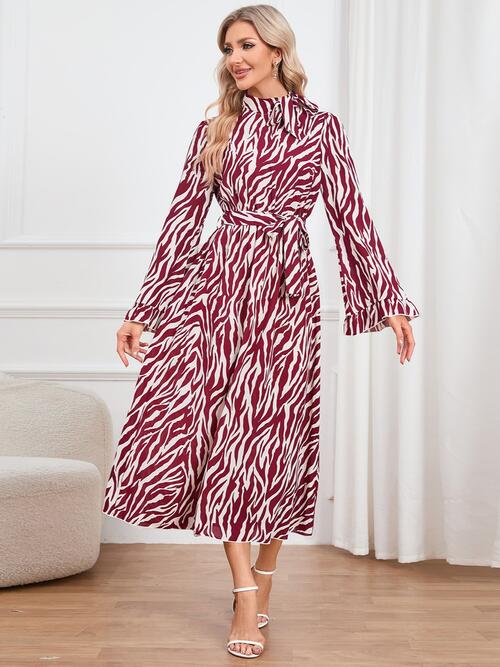 Animal Print Tie Front Ruffle Trim Dress