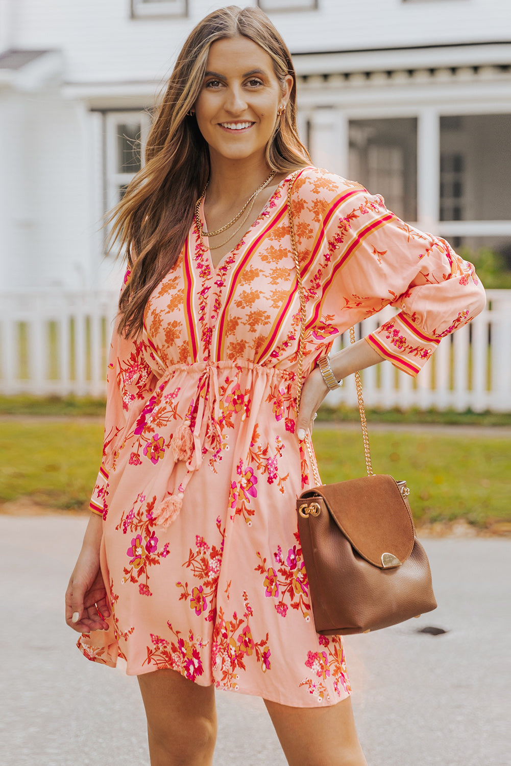 Floral Tassel Tie Drawstring Waist Dress