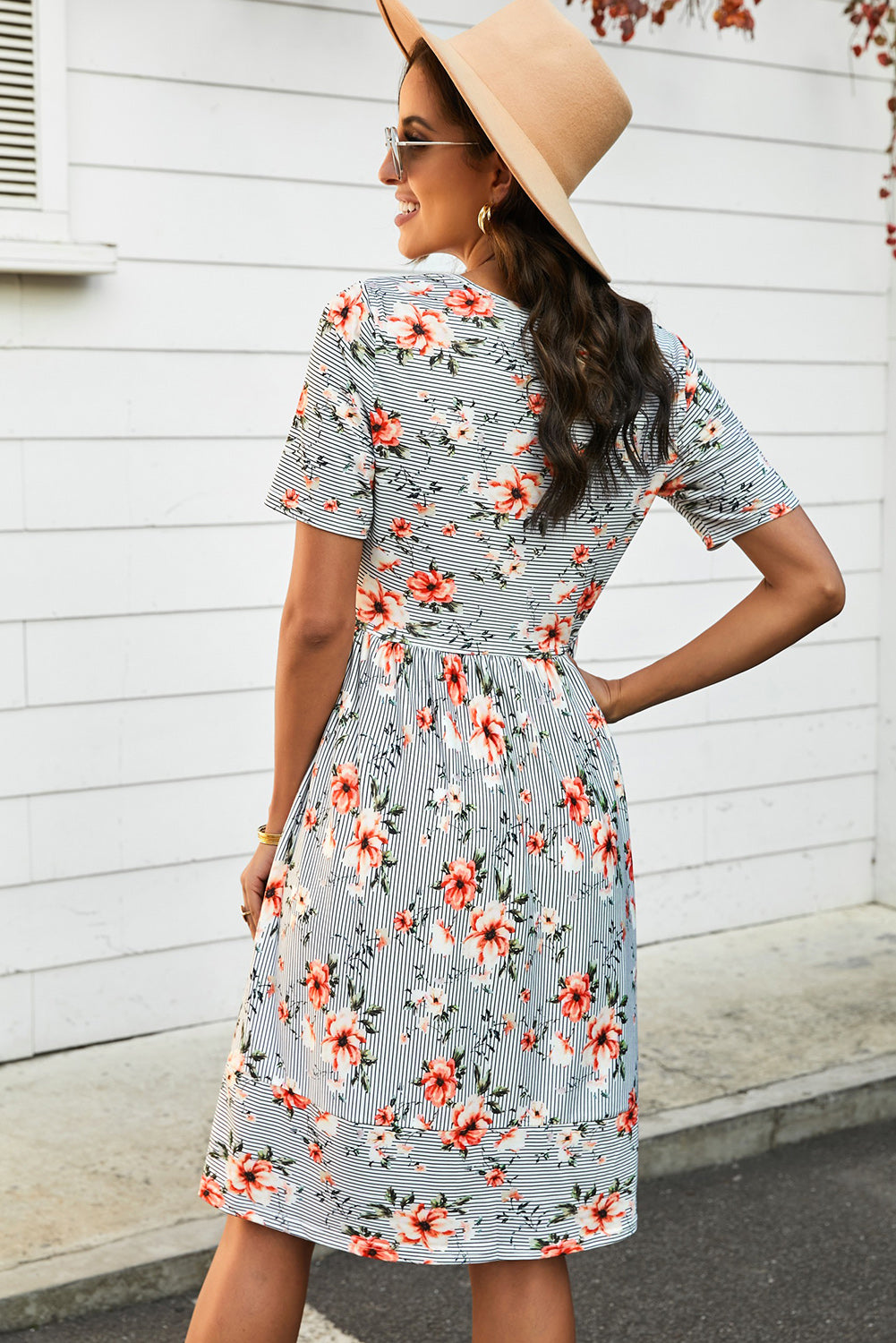 Striped Floral Short Sleeve Dress with Pockets