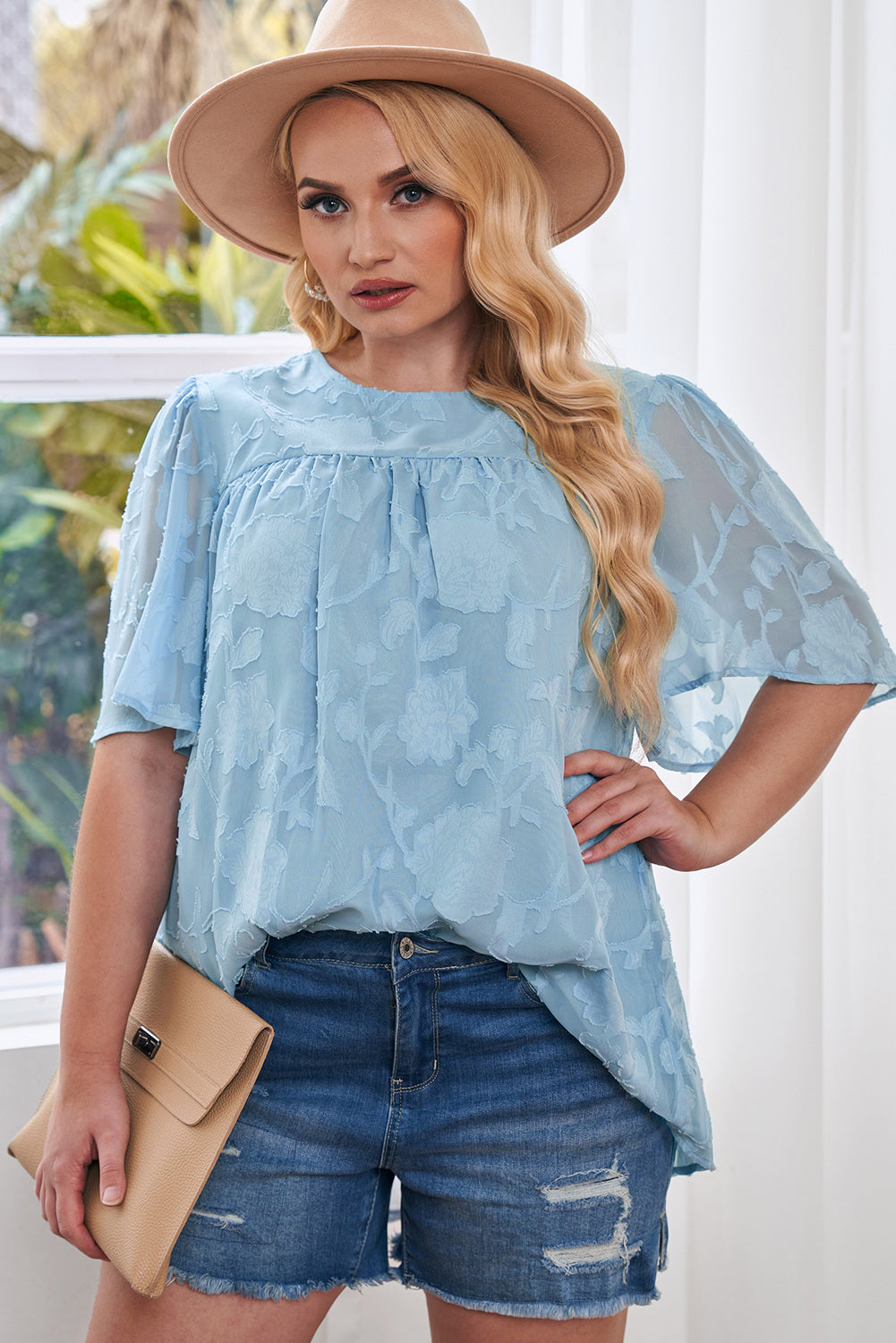 Plus Size Applique Butterfly Sleeve Babydoll Blouse