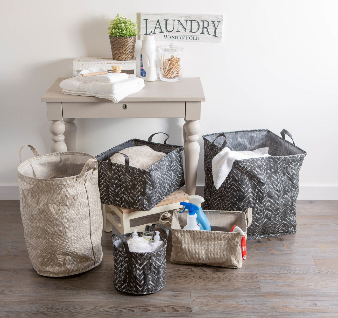 Pe Coated Woven Paper Laundry Hamper Tribal Chevron Stone/Cream Rectangular 16X16X19