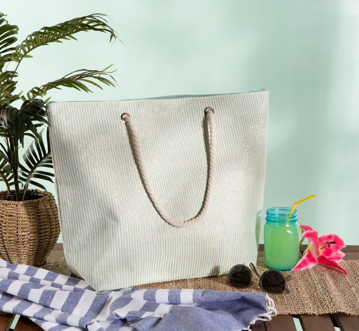 Green Stripe Shimmer Beach Bag