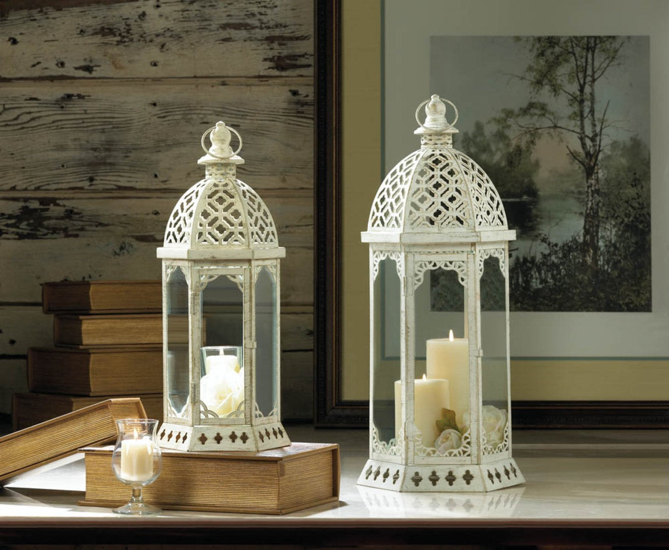 Graceful Distressed White Large Lantern
