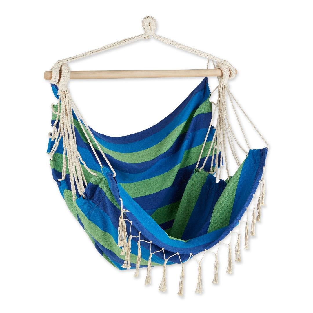 Blue Lagoon Stripe Hammock Chair With Fringe Trim