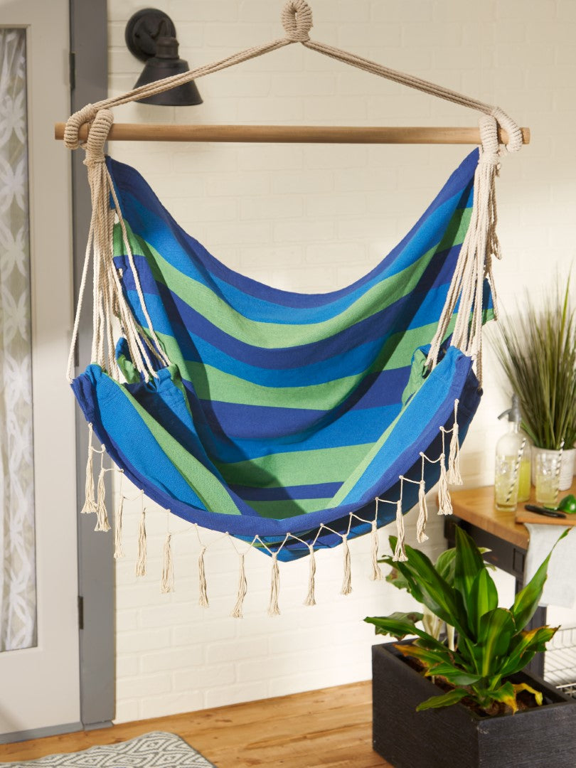 Blue Lagoon Stripe Hammock Chair With Fringe Trim