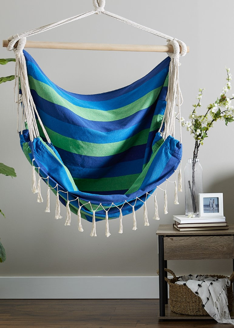 Blue Lagoon Stripe Hammock Chair With Fringe Trim