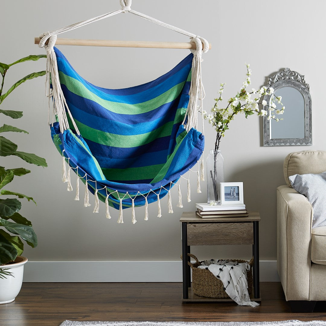 Blue Lagoon Stripe Hammock Chair With Fringe Trim