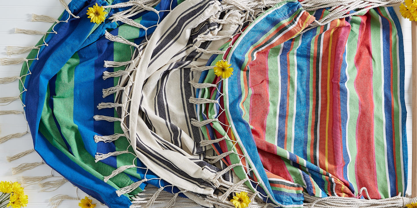 Blue Lagoon Stripe Hammock Chair With Fringe Trim