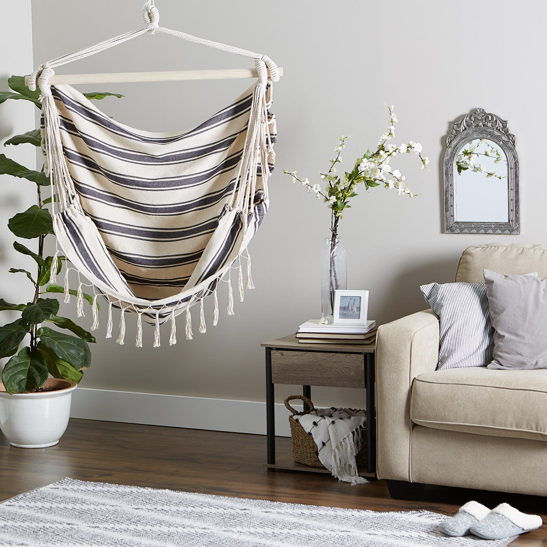 Blue And Cream Ticking Stripe Hammock Chair With Fringe Trim