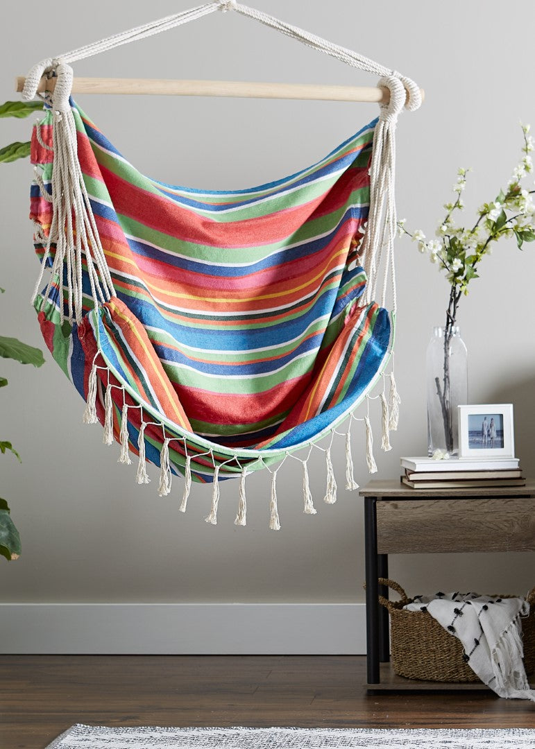 Summer Stripe Hammock Chair With Fringe Trim