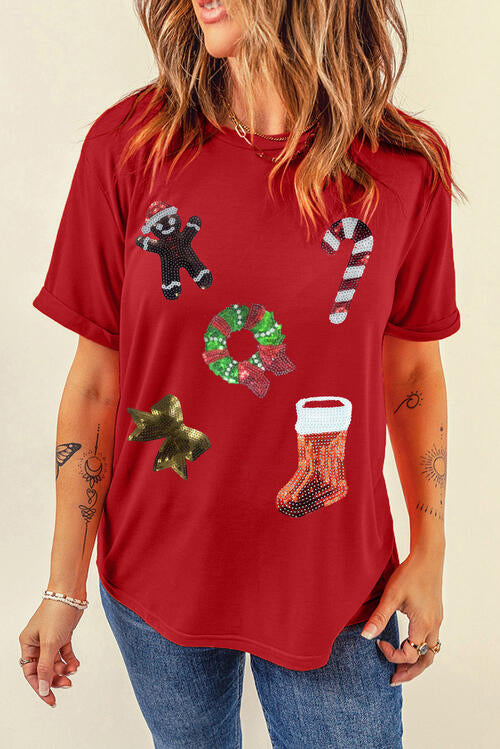 Sequin Christmas Element Short Sleeve T-Shirt