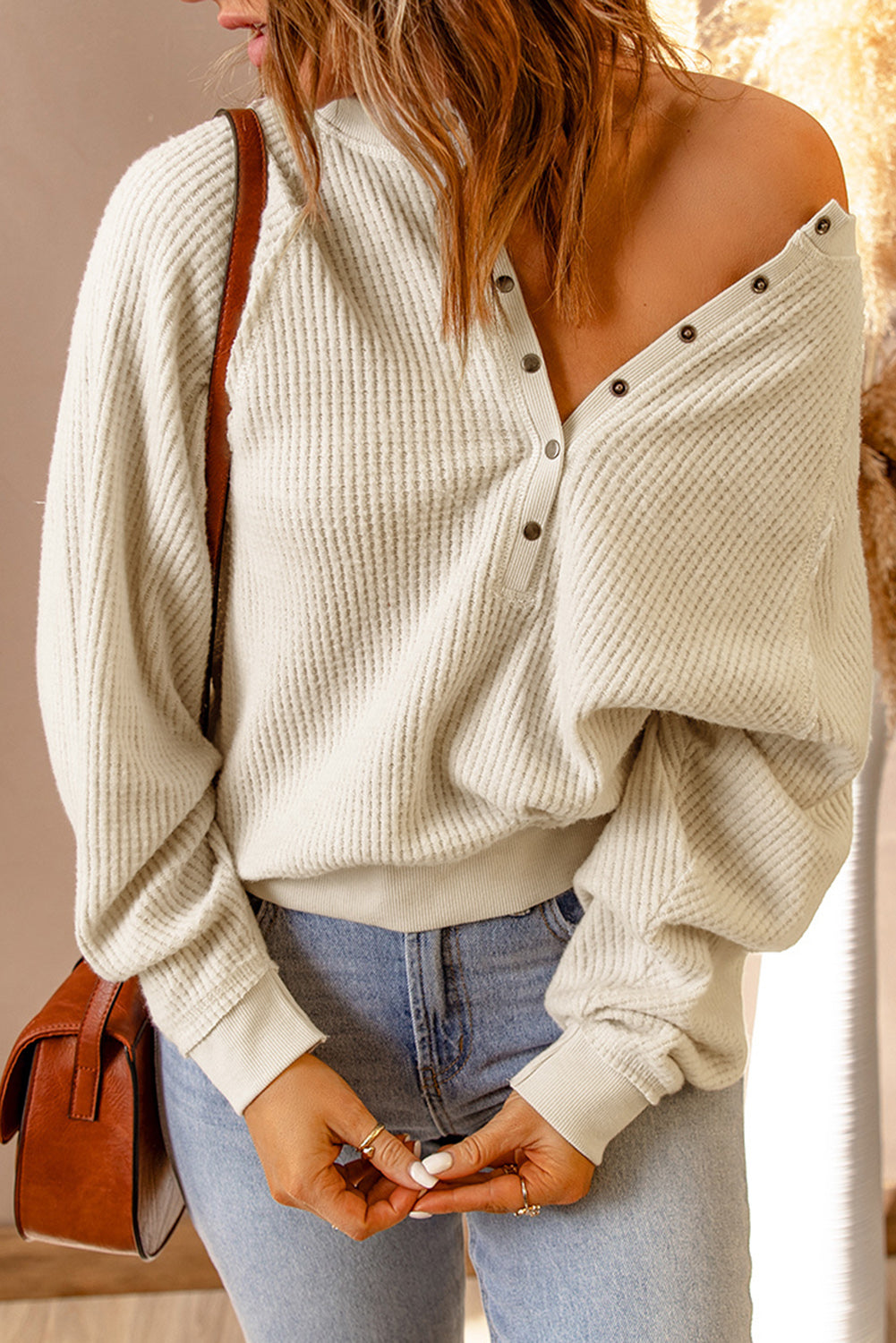Snap Front Raglan Sleeve Waffle-Knit Top