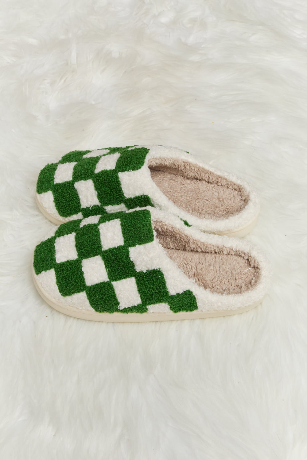 Melody Checkered Print Plush Slide Slippers