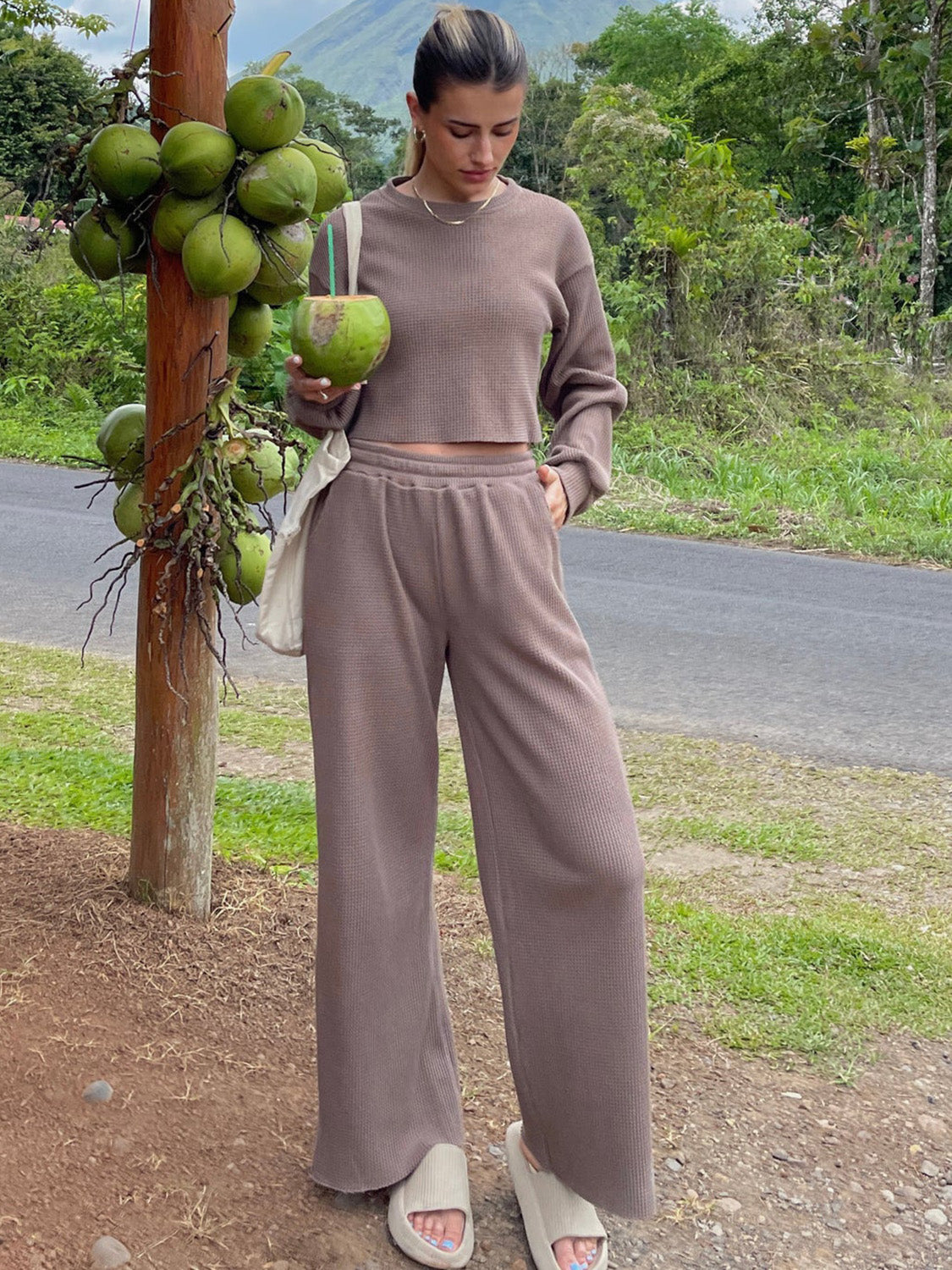 Waffle-Knit Round Neck Top and Pants Set