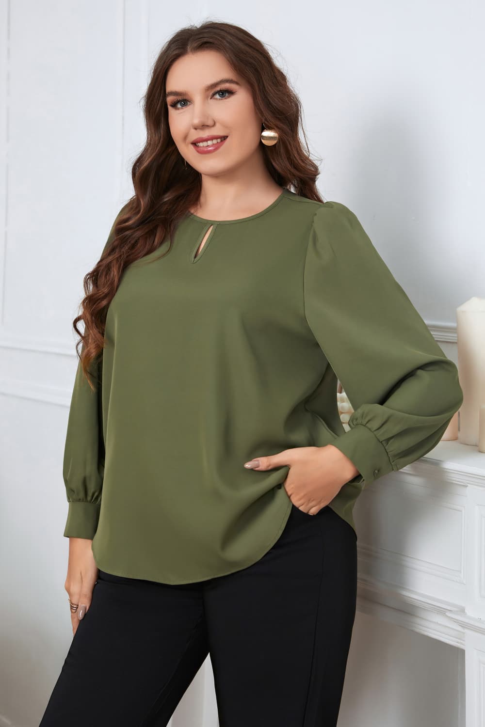 Plus Size Round Neck Long Sleeve Blouse