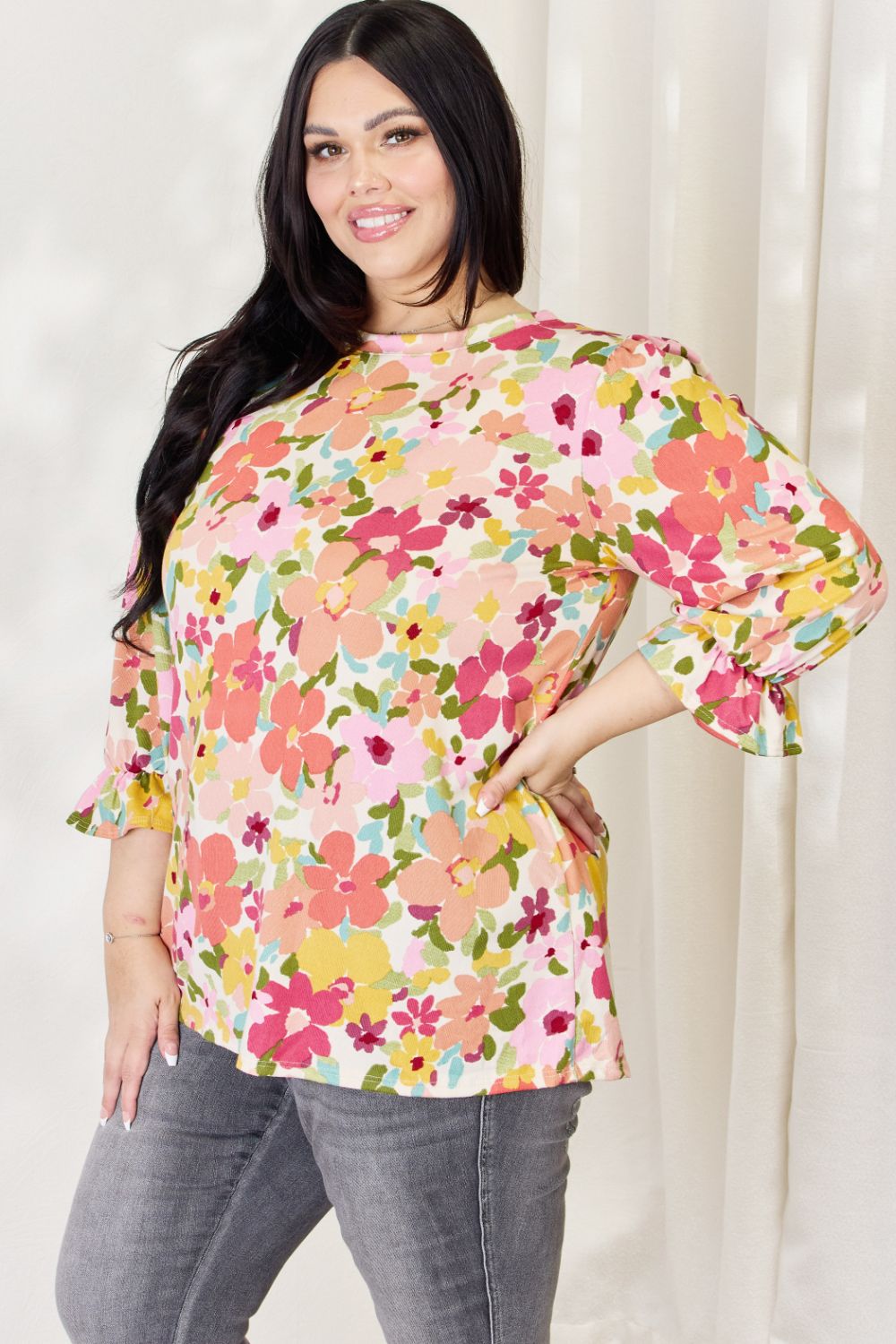 Celeste Full Size Floral Flounce Sleeve Top