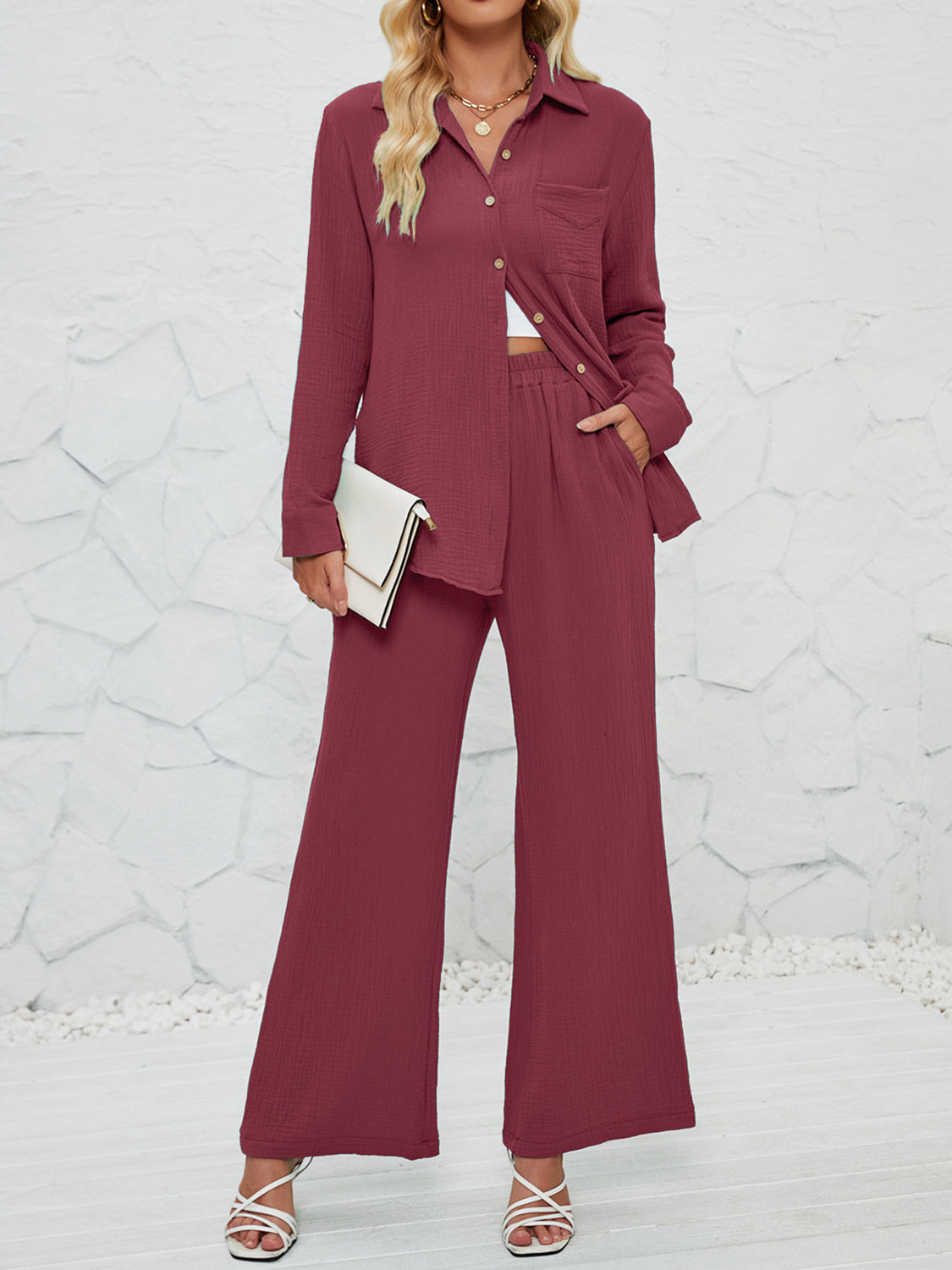 Textured Button Up Shirt and Pants Set