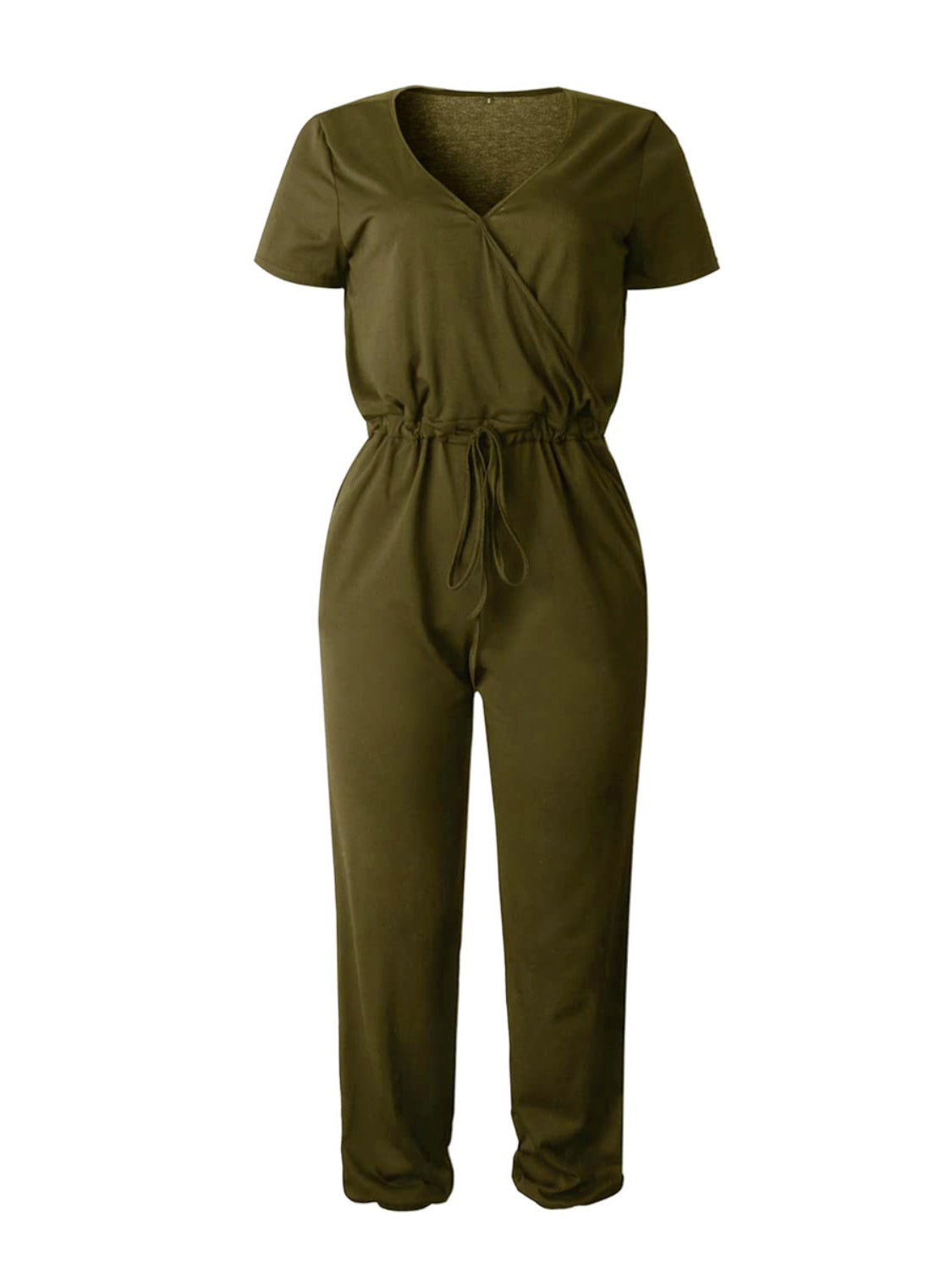 Shiny Drawstring Surplice Short Sleeve Jumpsuit