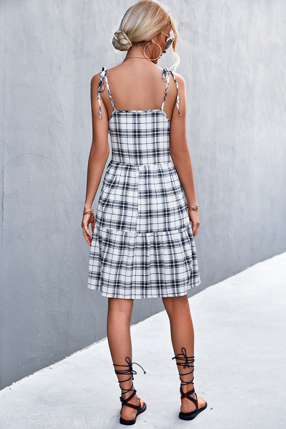 Plaid Tie-Shoulder Tiered Dress