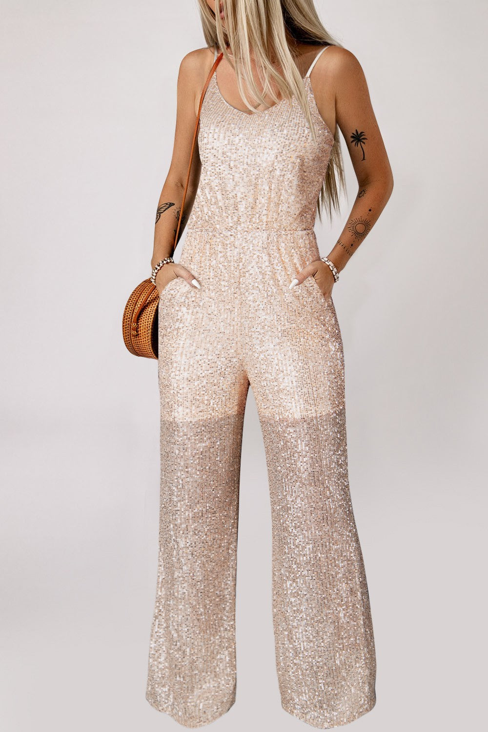 Sequin Spaghetti Strap Wide Leg Jumpsuit