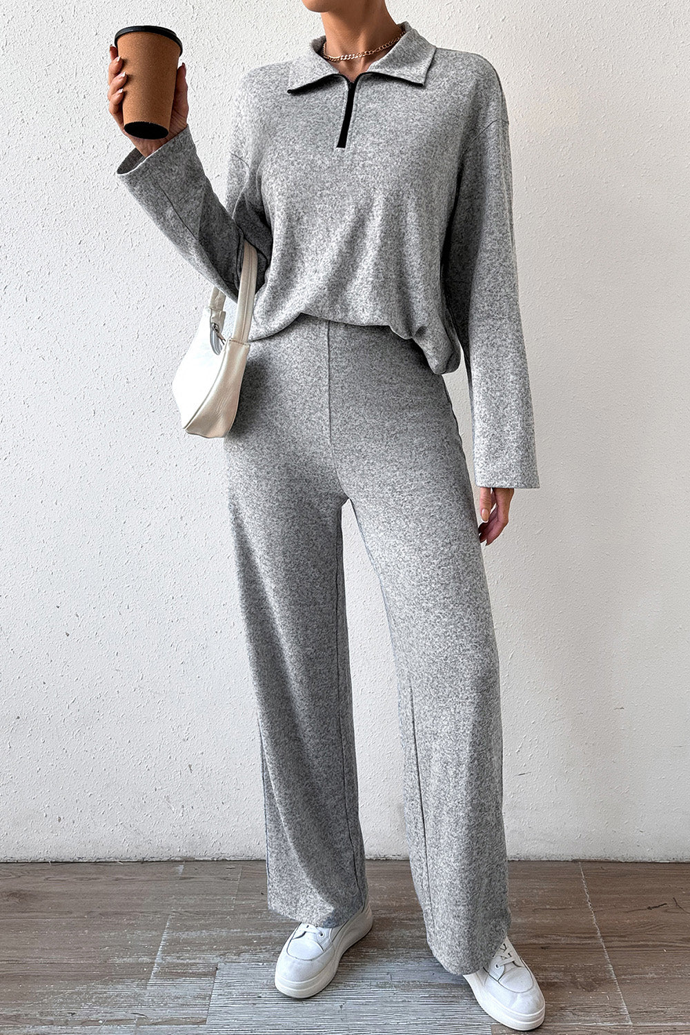 Quarter Zip Dropped Shoulder Top and Pants Set