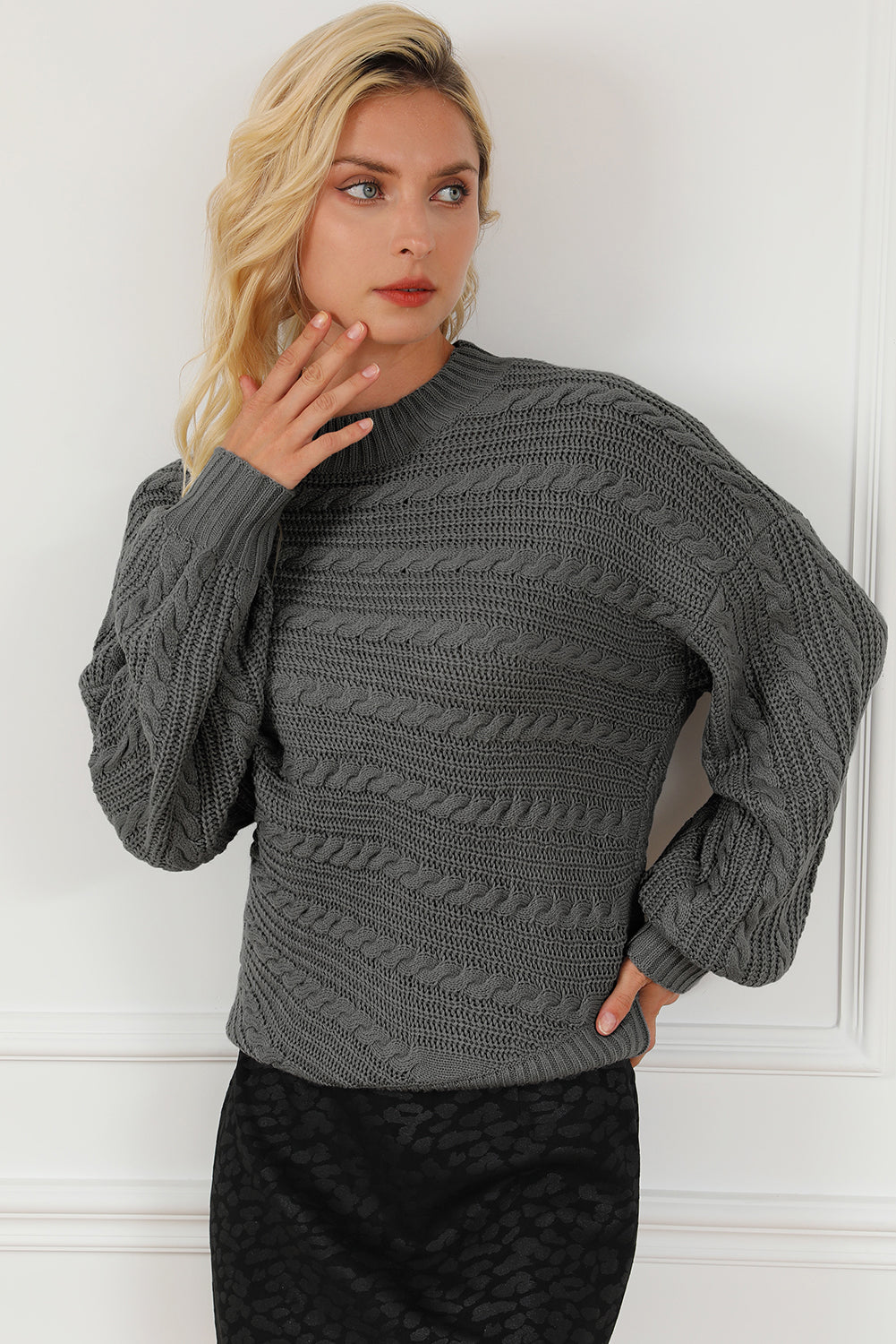 Cable-Knit Mock Neck Dropped Shoulder Sweater