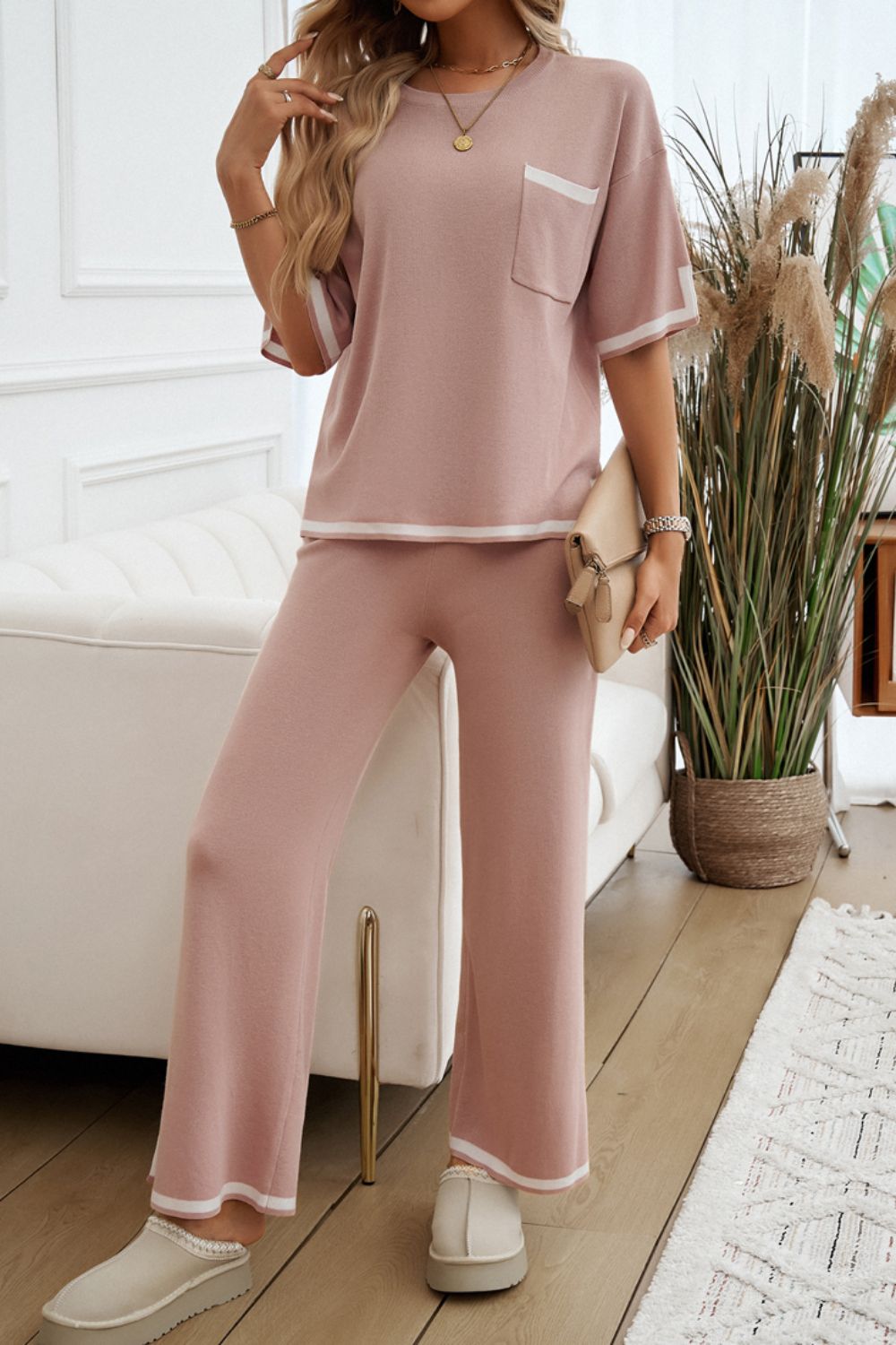 Devine Contrast Trim Half Sleeve Top and Pants Set