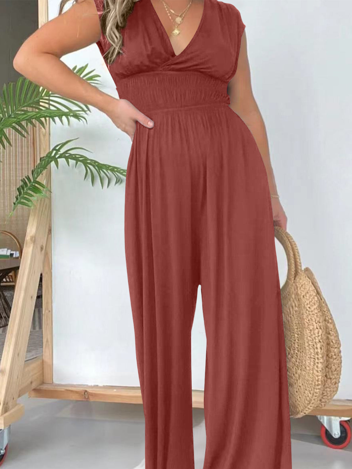 Smocked Cap Sleeve Wide Leg Jumpsuit