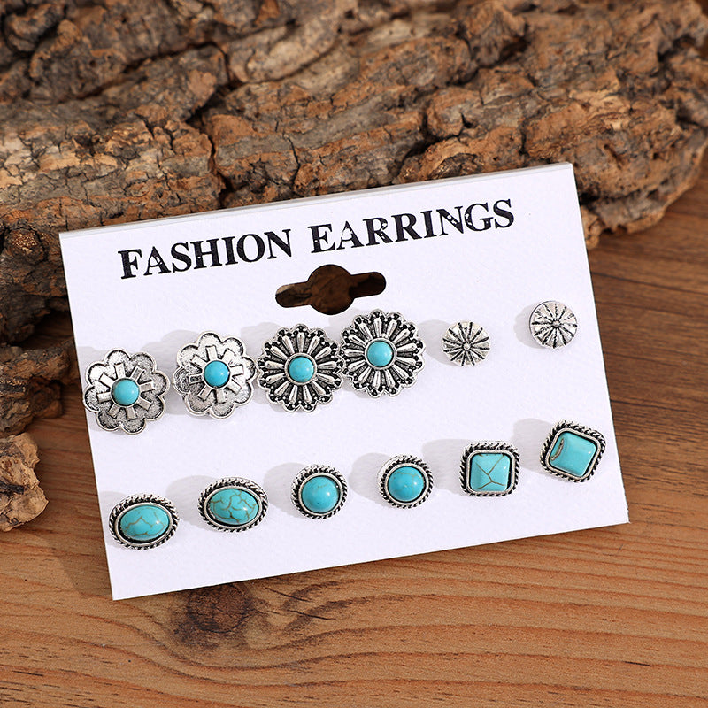 6 PCS/Set Artificial Turquoise Alloy Stud Earrings